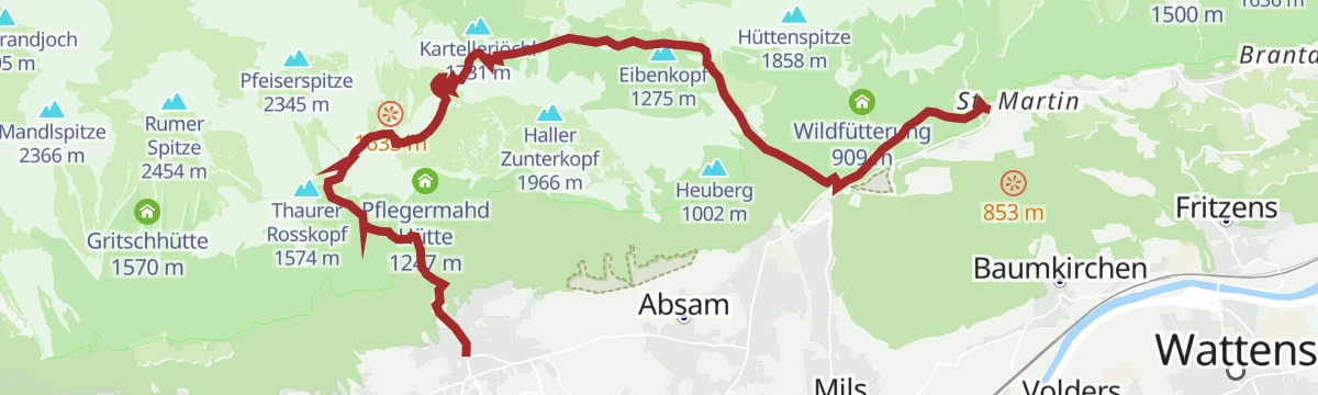 Route map: Bergsagen Weitwanderweg: Etappe 4 von Thaur nach Gnadenwald